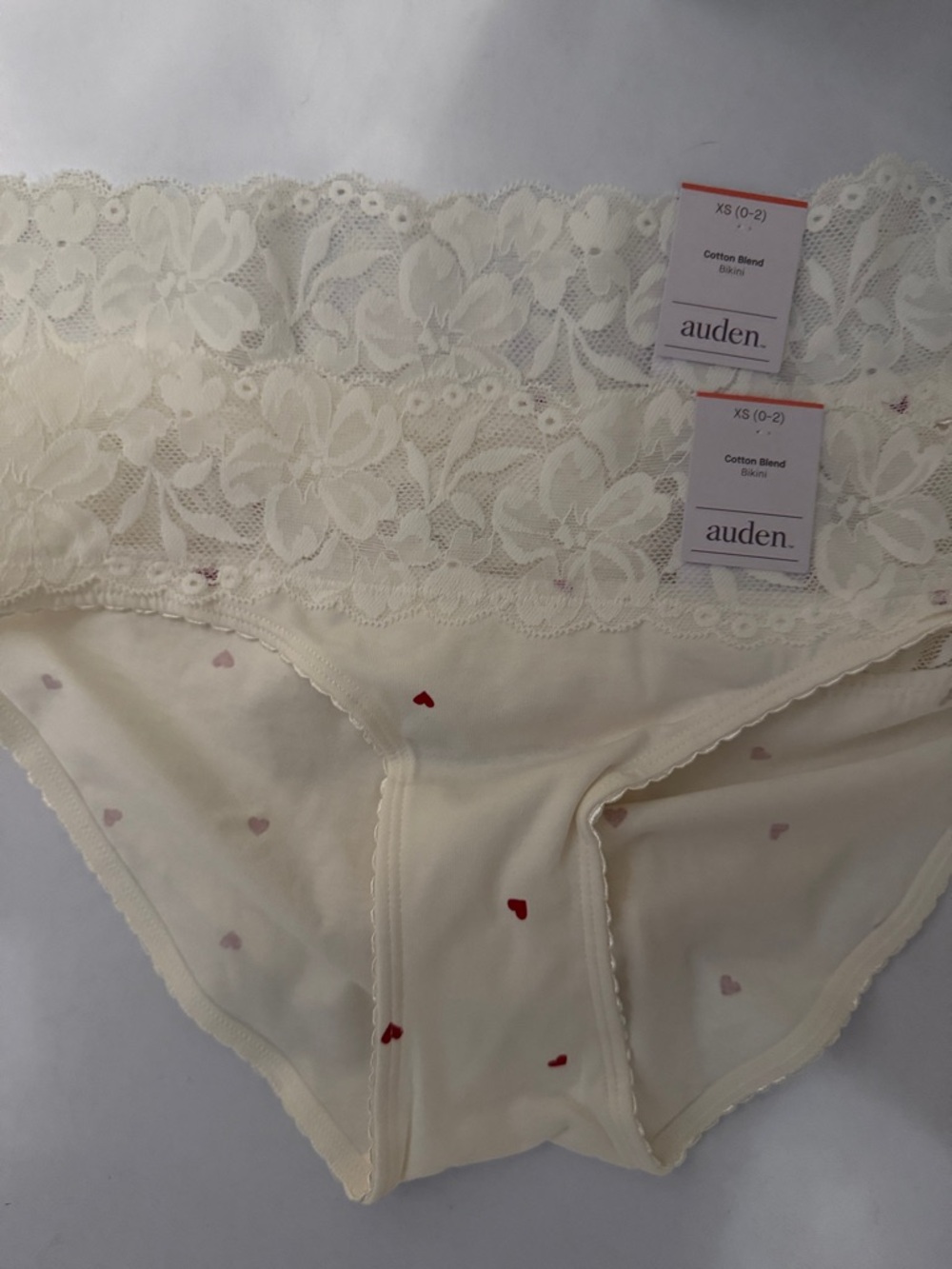 NWT Auden Ivory Lace-Trim Bikini Panties with Red & Pink Heart Print. Set of 2.